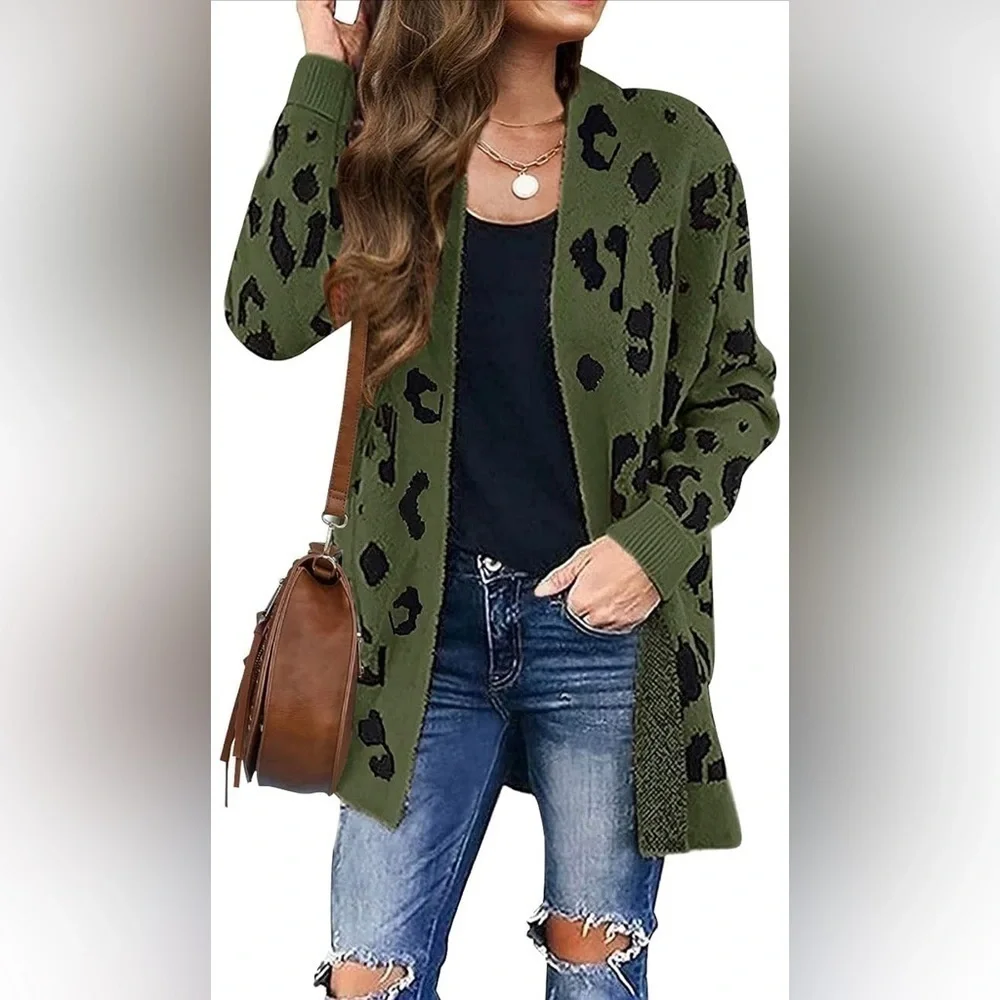 ZESICA Women’s Long Sleeve Open Front Leopard Print Cardigan Green Size Large - Picture 7 of 9